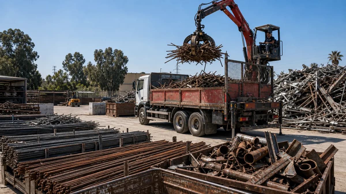 קונה ברזל למחזור ברחובות עם ערימות גרוטאות מסודרות ומשאית פינוי
