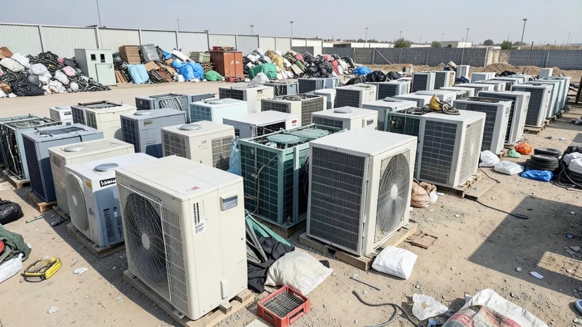 יחידות מזגן ומדחסים ממוינות בחצר מיחזור