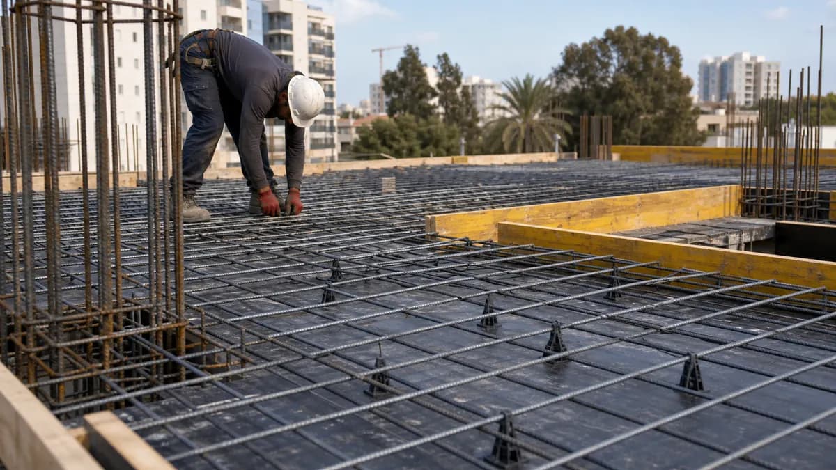 רשת ברזל מונחת לפני יציקת בטון באשקלון