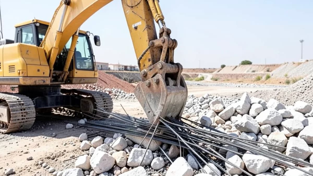 מחפרון מפריד ברזל זיון מפסולת בטון באתר הריסה