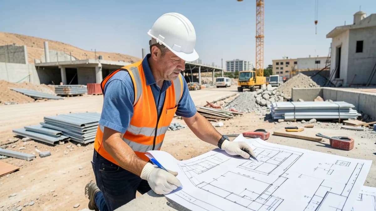 מנהל אתר בוחן תוכניות הריסה עם קסדת מגן
