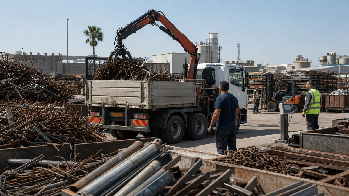 פינוי גרוטאות ברזל ביבנה עם משאית מנוף באזור תעשייה